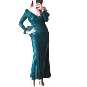 Faeriesty Long Green Sequin Formal Party Prom Dress Slit Size XS new w/o tags